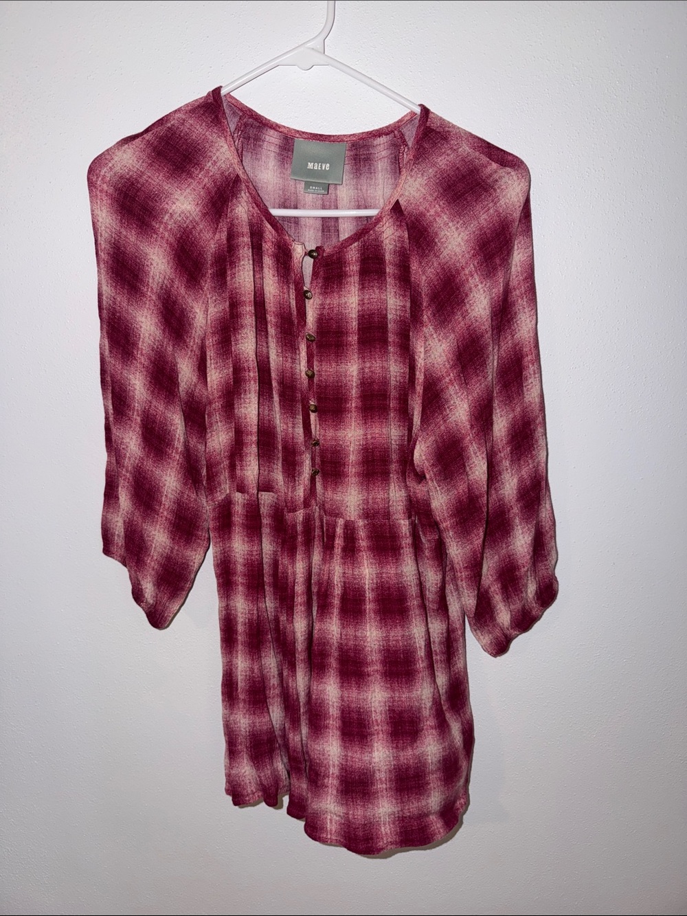 Marge Driftwood Plaid Peasant Top in Berry